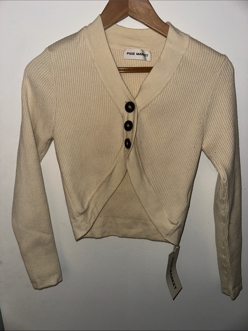 Pixie Market Cream Ribbed Cropped Button-Front Cardigan